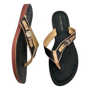 Tommy Hilfiger Black and Tan Jayne2 Thong Flip Flop Sandals Women's Size 8
